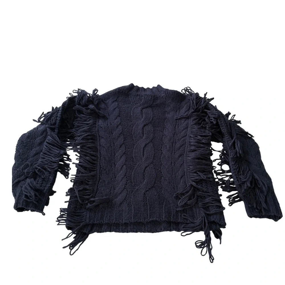 525 America Women Navy Blue Fringe Cable Knit Sweater Small Boho Statement